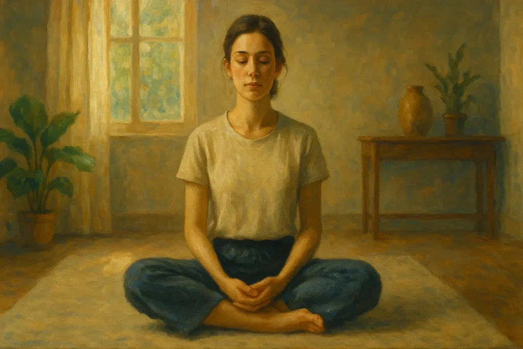 Pessoa meditando em posição de lótus em um ambiente calmo com iluminação natural