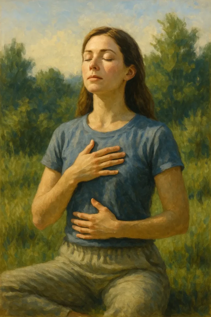 Pessoa respirando profundamente em meio à natureza, com olhos fechados