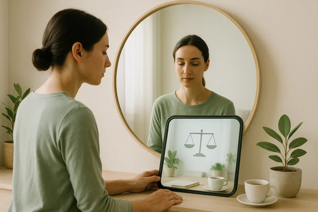 A Cultura do Consumismo: Como o Desejo de Ter Está Moldando Quem Somos 5 Pessoa refletindo em frente a um espelho, com símbolos de equilíbrio e propósito.