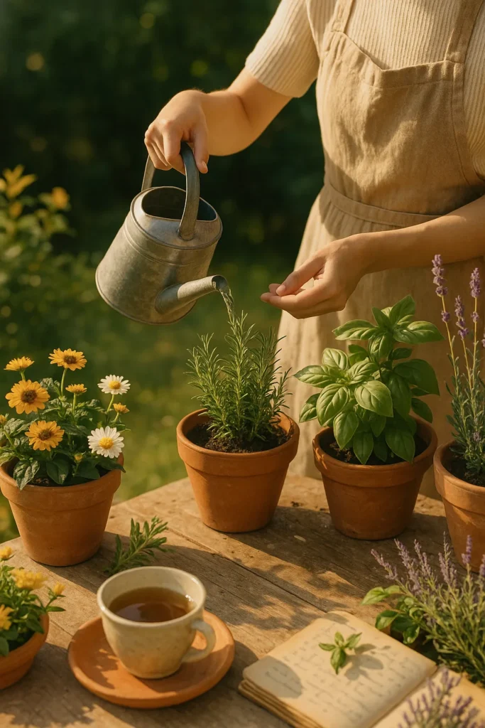 Grandmacore: o movimento nostálgico que ensina a desacelerar e cuidar de si 5 Pessoa regando plantas em uma varanda ensolarada