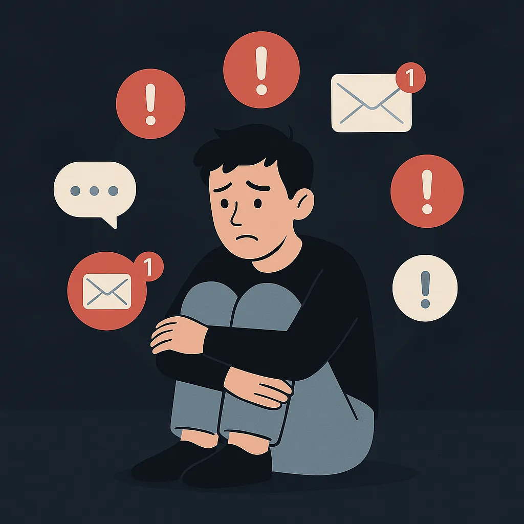 Pessoa sentada com expressão preocupada cercada por ícones de notificações digitais