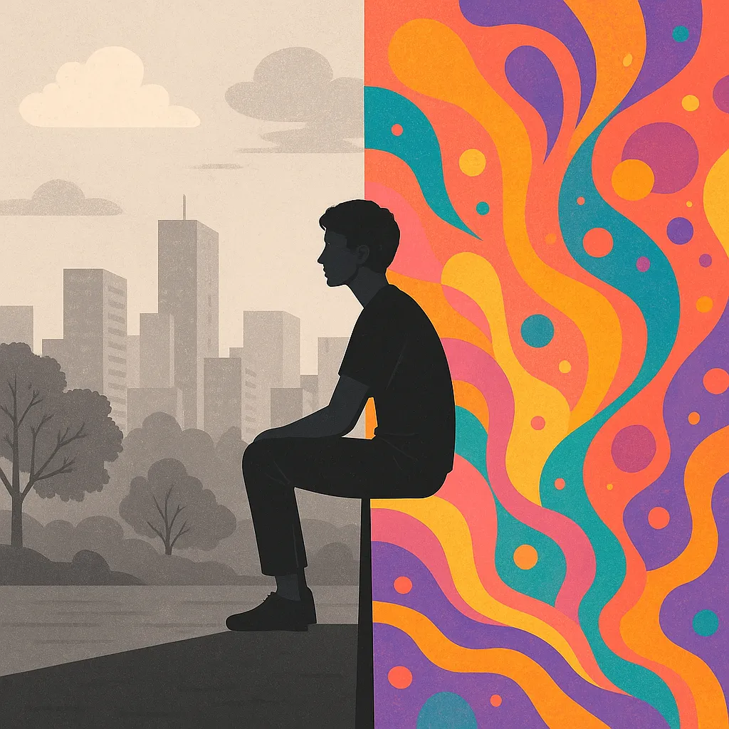 Delulu é a Solução? O Que Está Por Trás do Otimismo Mais Viral das Redes 4 Pessoa sentada entre dois mundos: realidade cinza e mundo colorido de sonhos