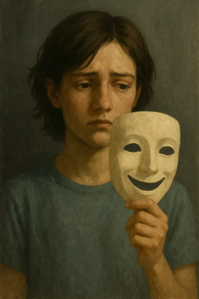 Delulu é a Solução? O Que Está Por Trás do Otimismo Mais Viral das Redes 5 Pessoa sorrindo forçadamente com máscara feliz na frente do rosto