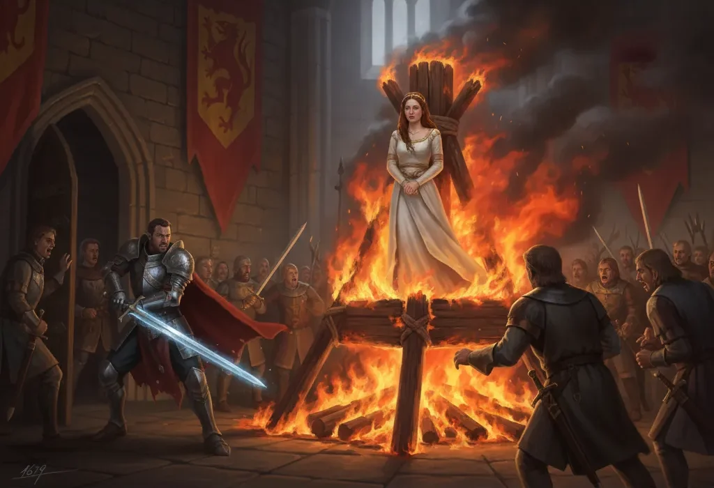 Resgate de Guinevere por Lancelot durante o julgamento