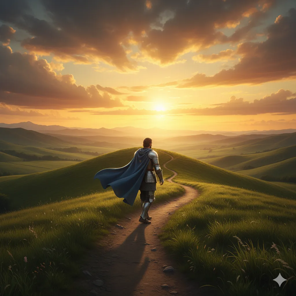 Silhueta de Sir Bedivere caminhando sozinho em campo aberto
