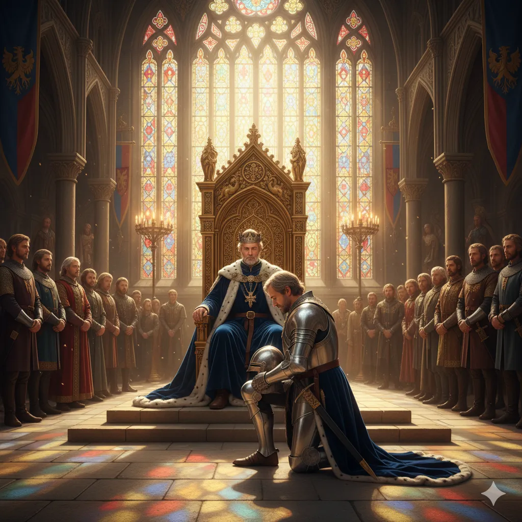 Sir Bedivere ajoelhado diante de Rei Arthur em um salão medieval