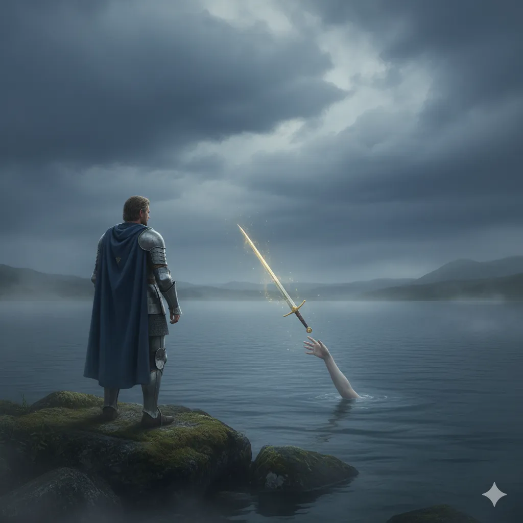 Sir Bedivere lançando a Excalibur no lago sob céu nublado