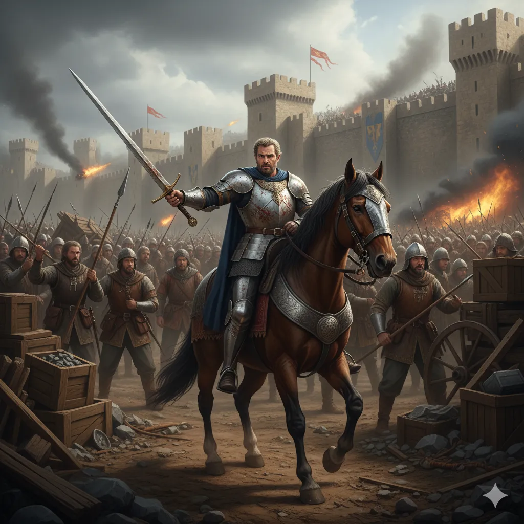 Sir Bedivere liderando defesa de Camelot contra invasores