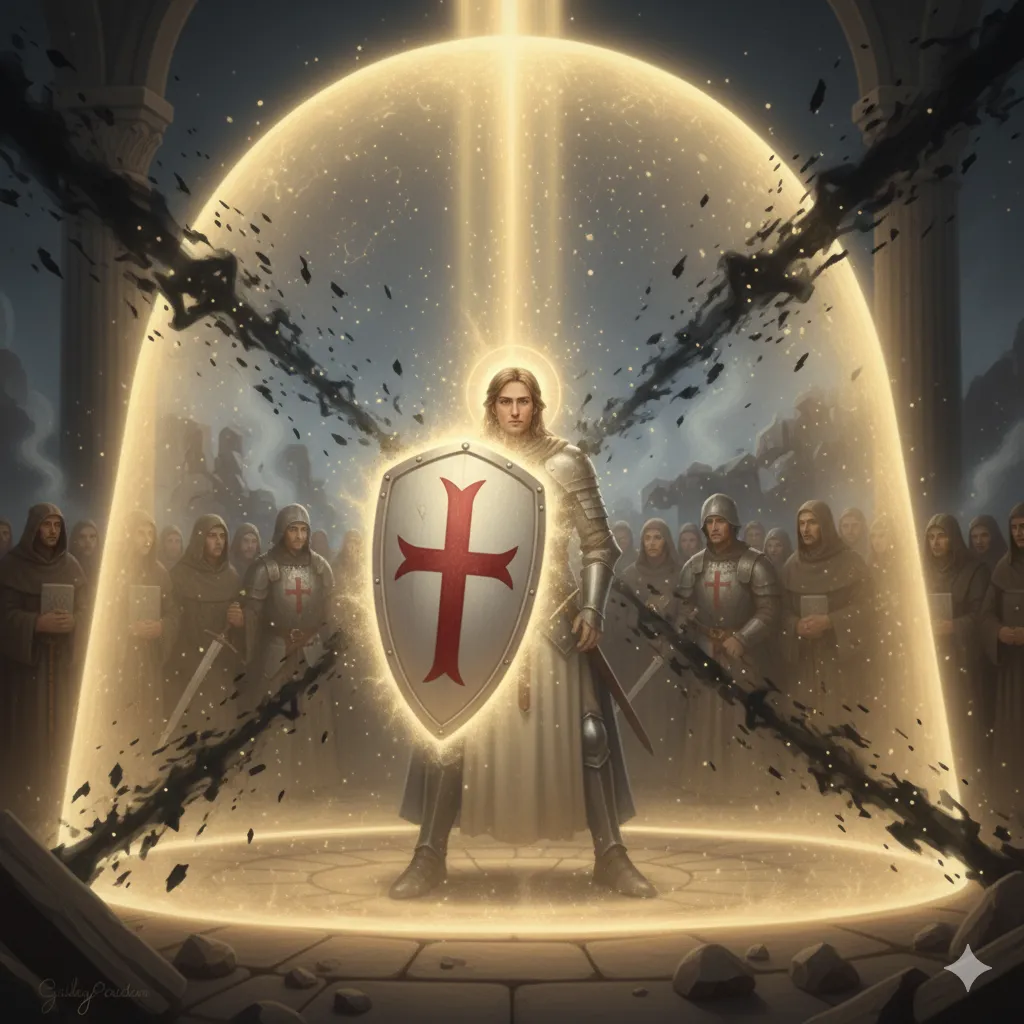 Sir Galahad segurando o escudo e protegendo outros cavaleiros