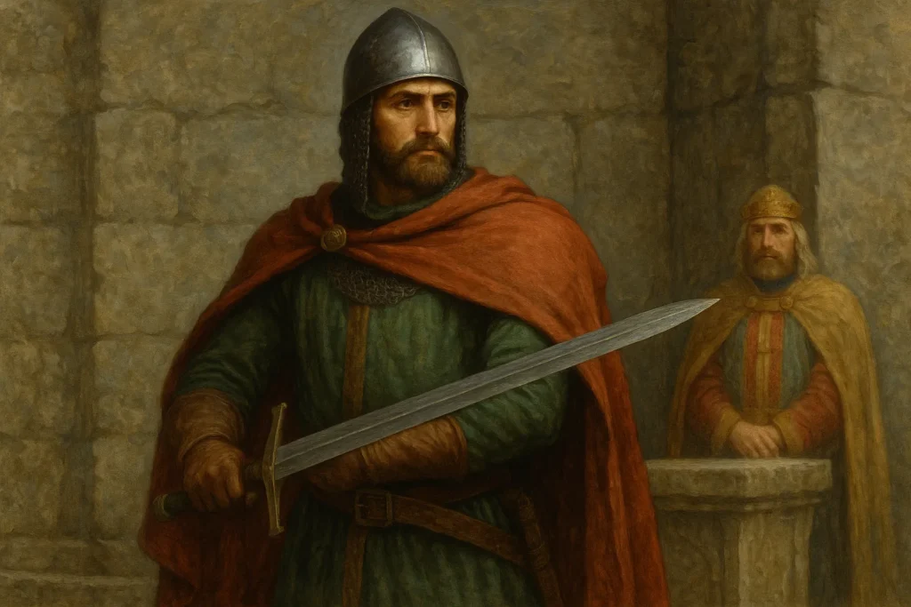 Cavaleiro medieval Sir Gawain segurando espada com expressão determinada, usando capa vermelha e túnica verde diante de uma parede de pedra