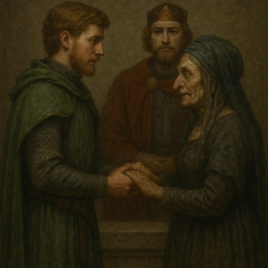 Sir Gawain casando-se com a dama Ragnelle diante do Rei Arthur