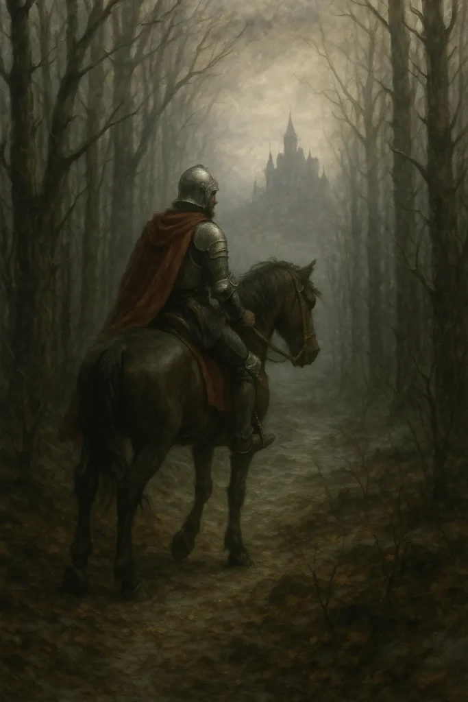 Sir Gawain cavalgando em direção ao castelo do Cavaleiro Verde