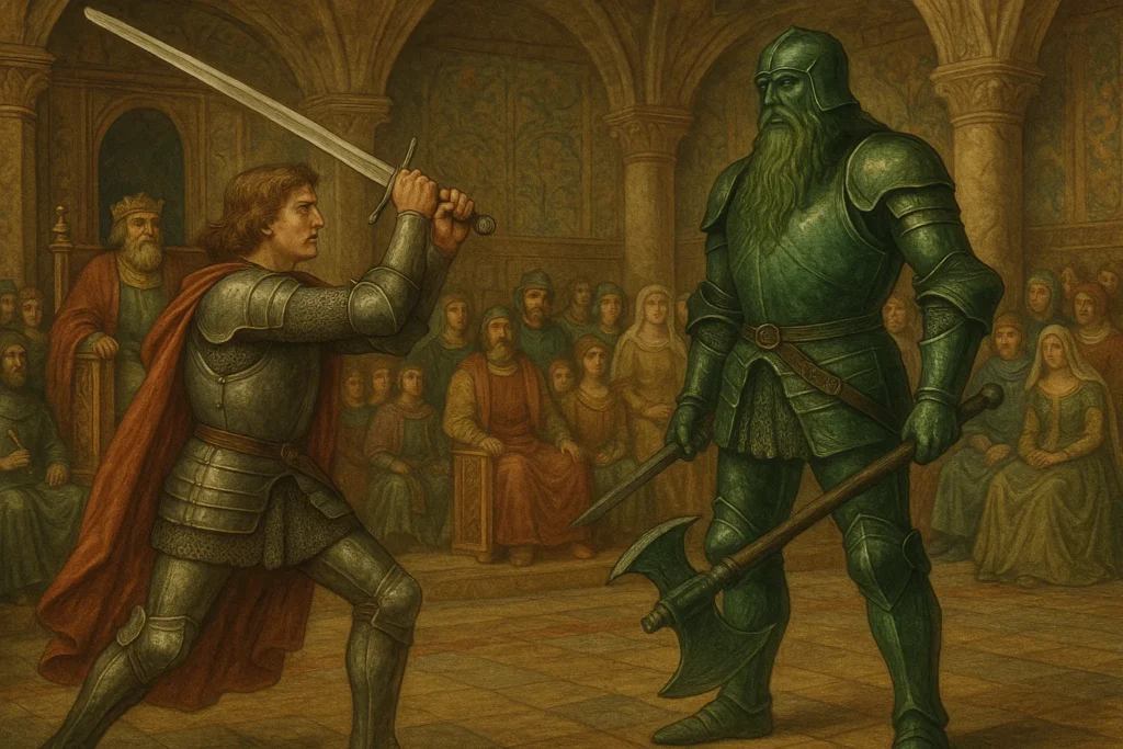 Sir Gawain enfrentando o Cavaleiro Verde no salão de Camelot