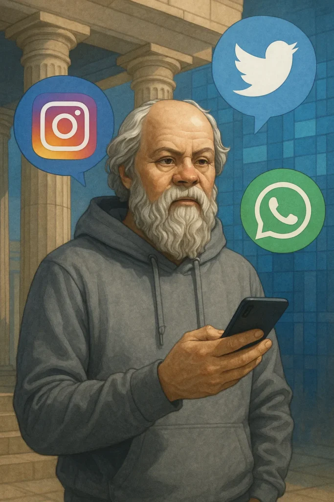 E Se Sócrates Tivesse um Instagram? A Filosofia na Era dos Reels 1 Socrates usando celular em uma praca