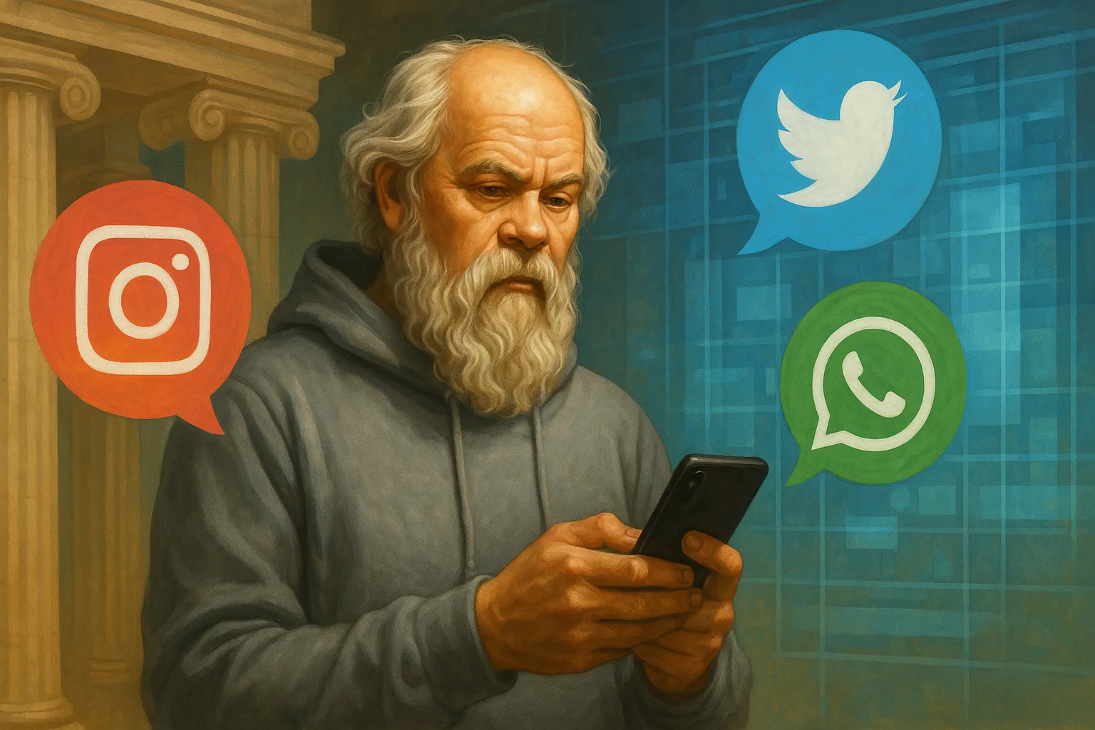 Sócrates usando celular em uma praça moderna com ícones de redes sociais