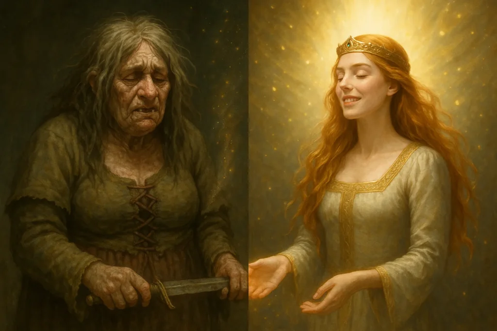 Transformação de Ragnelle em princesa ao ganhar sua liberdade