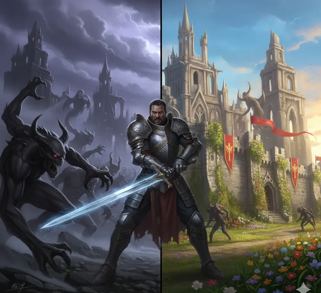 Transformação do castelo sombrio em Joyeuse Garde por Lancelot