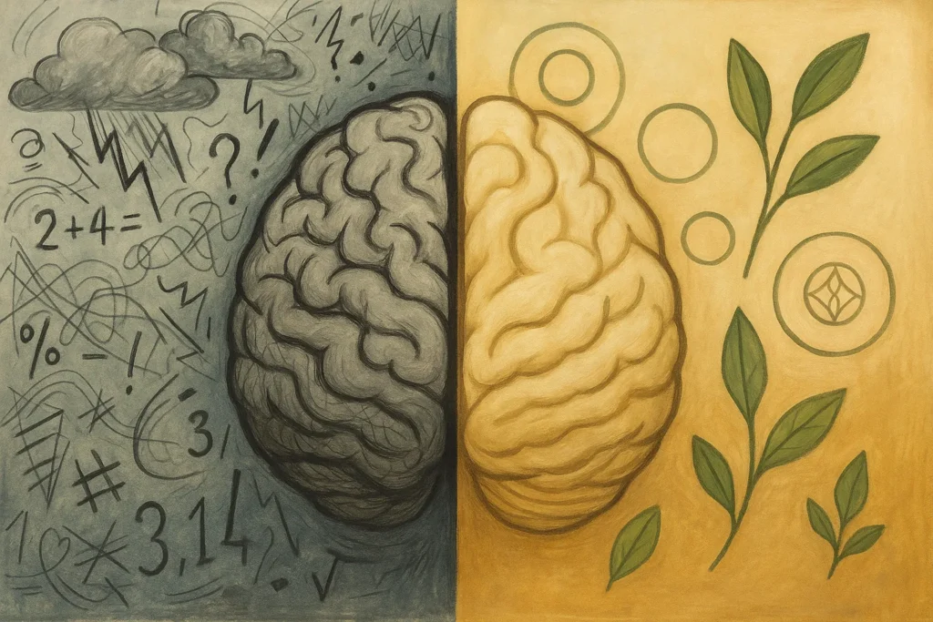 Cérebro dividido: lado esquerdo caótico e lado direito calmo com elementos naturais