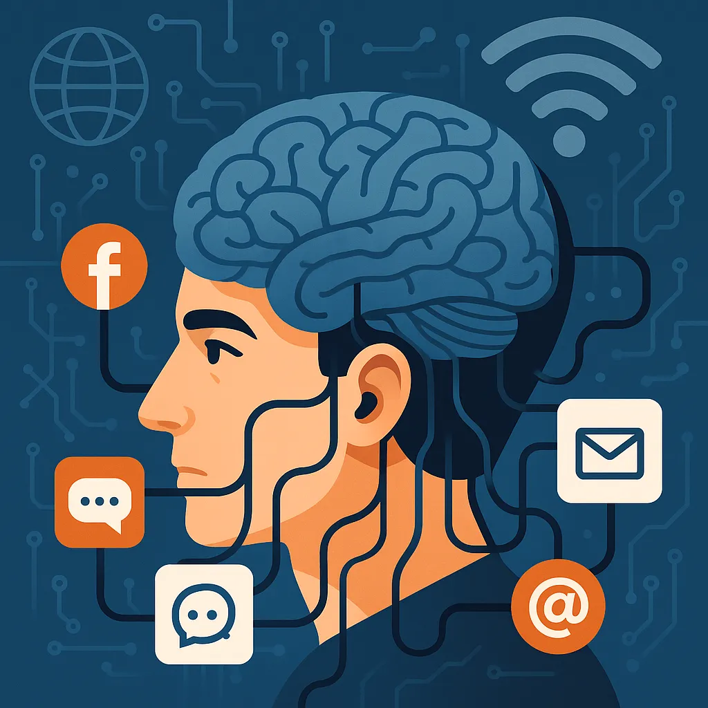 Cérebro humano conectado a ícones digitais simbolizando excesso de estímulos