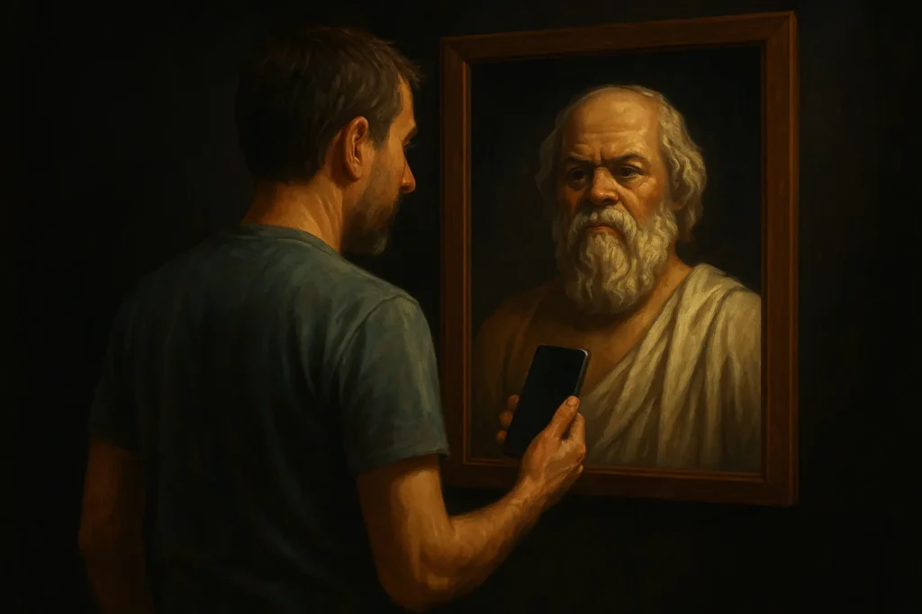E Se Sócrates Tivesse um Instagram? A Filosofia na Era dos Reels 6 Pessoa olhando para um espelho desligando o celular, em introspecção