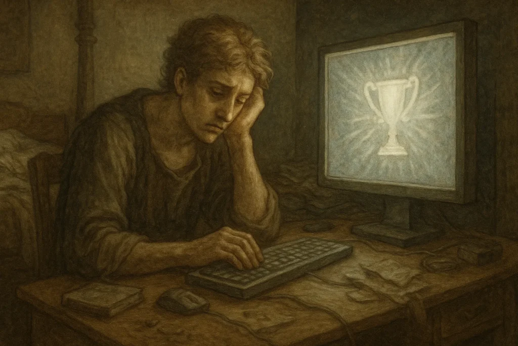 Pessoa jogando videogame com expressão de exaustão