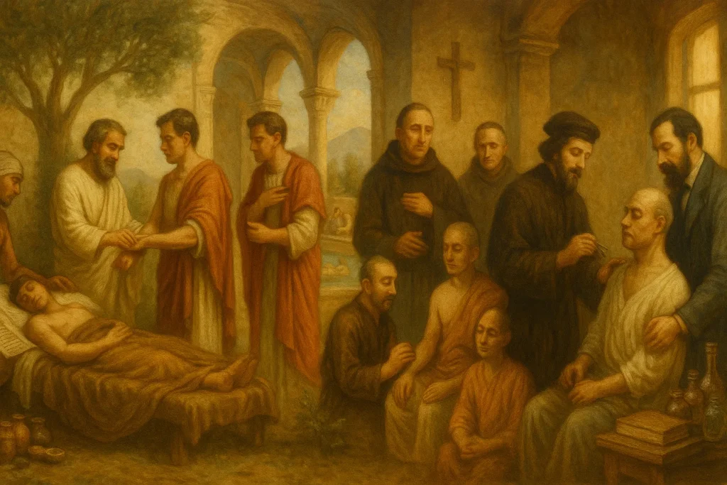 Pintura renascentista representando a história da medicina através das civilizações egípcia, grega, romana, oriental, medieval e moderna e a arte de curar.
