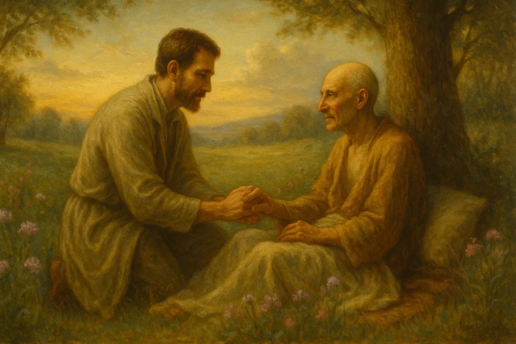 Pintura renascentista de médico acolhendo paciente em campo florido ao pôr do sol, simbolizando a arte de curar com empatia.