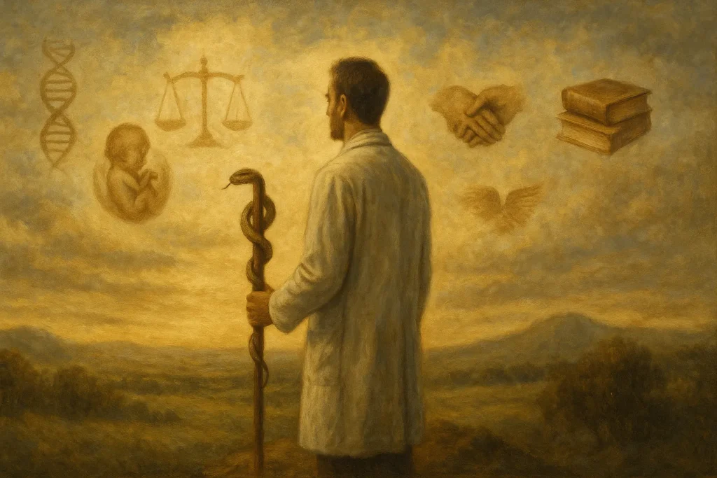 Pintura renascentista de médico contemplando dilemas éticos da medicina com bastão de Asclépio em mãos, em paisagem simbólica ao pôr do sol mostrando os dilemas éticos da medicina.
