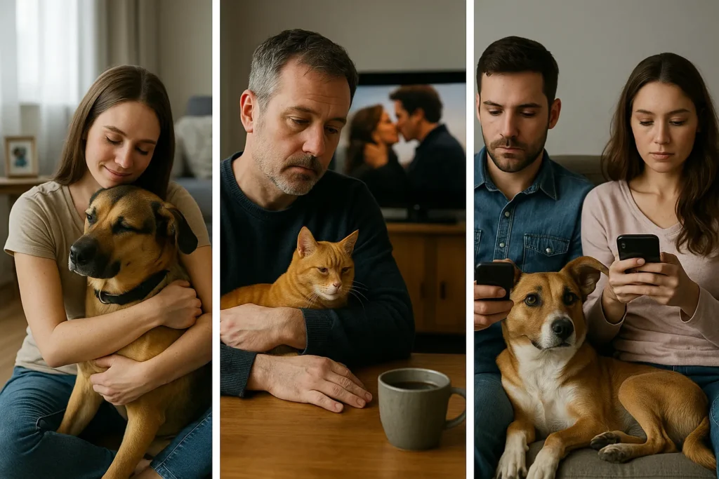 Imagem emocional mostrando como os animais refletem a solidão, afeto e identidade de seus tutores no mundo contemporâneo