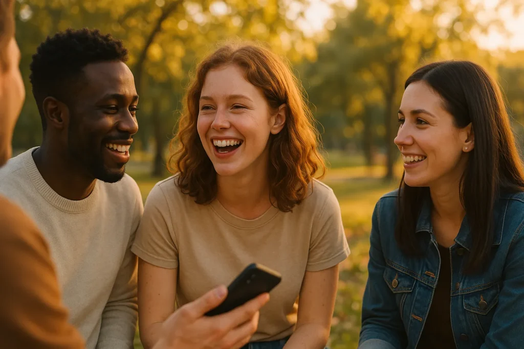 Amigos conversando pessoalmente em um ambiente acolhedor.