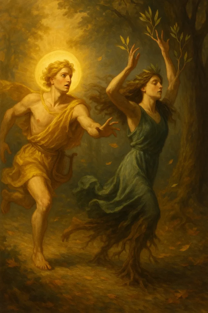 As Faces do Amor na Mitologia Grega: O Que Eros, Ágape e Philia 2 Cena mitológica de Apolo perseguindo Dafne na floresta
