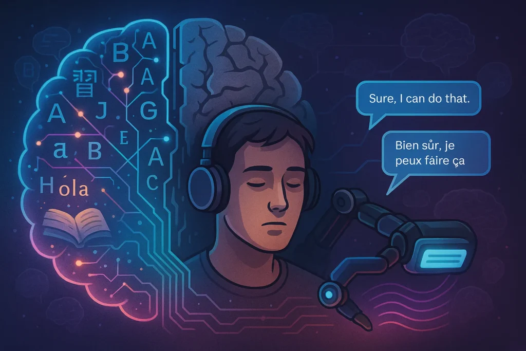 Cérebro humano dividido entre atividade cognitiva e dependência da inteligência artificial para traduções.