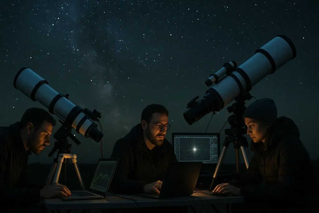 Astrônomos observando o céu com telescópios modernos.