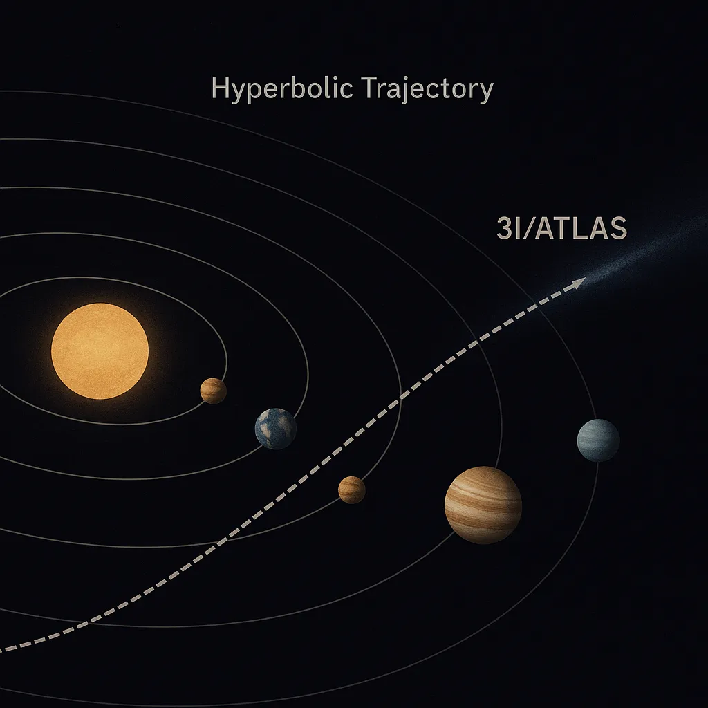 Visualização do cometa 3I/ATLAS como objeto interestelar vindo de fora do sistema solar.