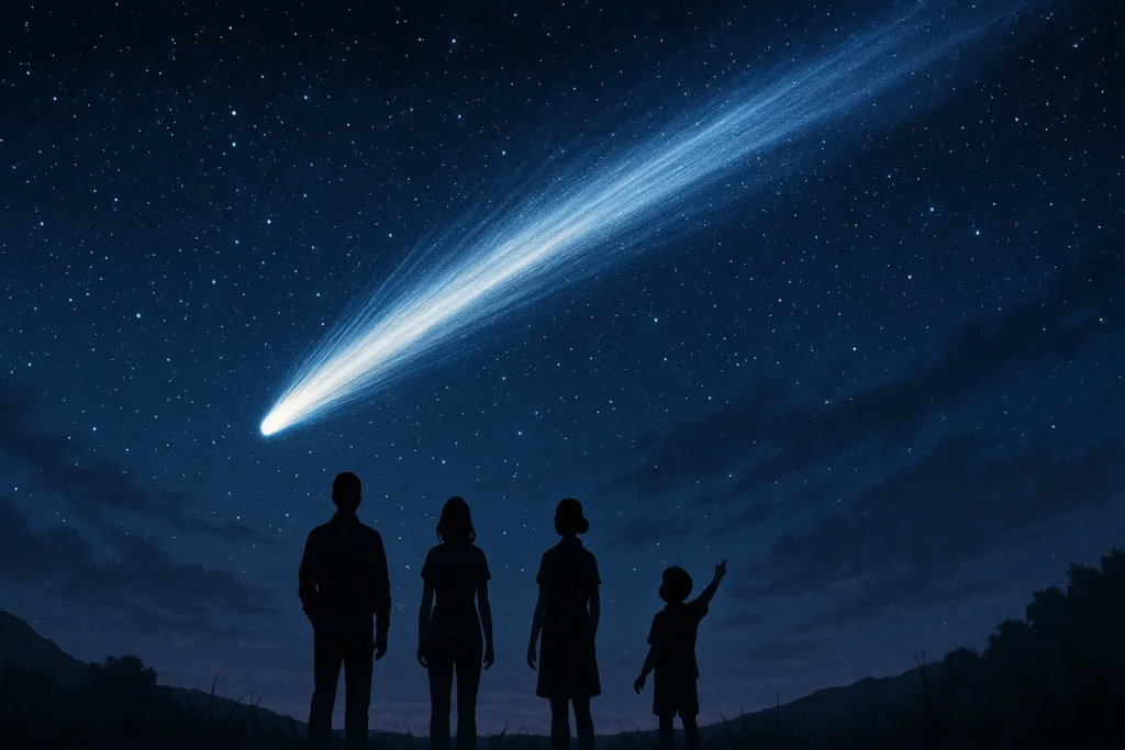 Representação artística do cometa 3I/ATLAS cruzando o céu noturno.