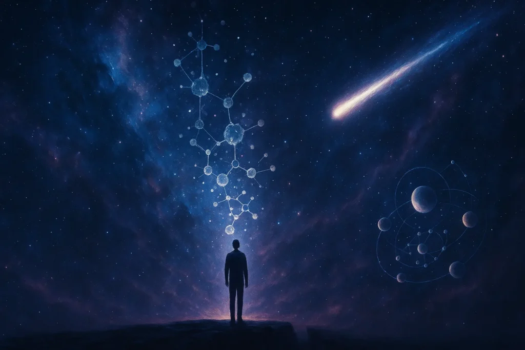 Pessoa contemplando o cosmos com cometa ao fundo, representando o medo do desconhecido e a busca humana por sentido no universo.