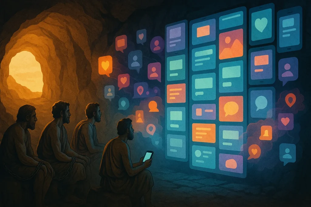 Montagem da caverna de Platão com prisioneiros olhando sombras em telas de smartphone em vez de paredes de pedra