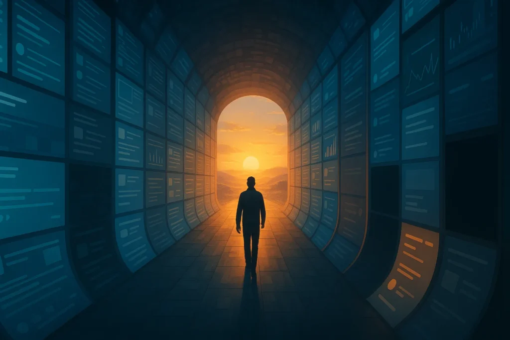 Figura humana caminhando de um túnel de telas digitais em direção a um sol real no horizonte. Eduque o algoritmo das redes sociais