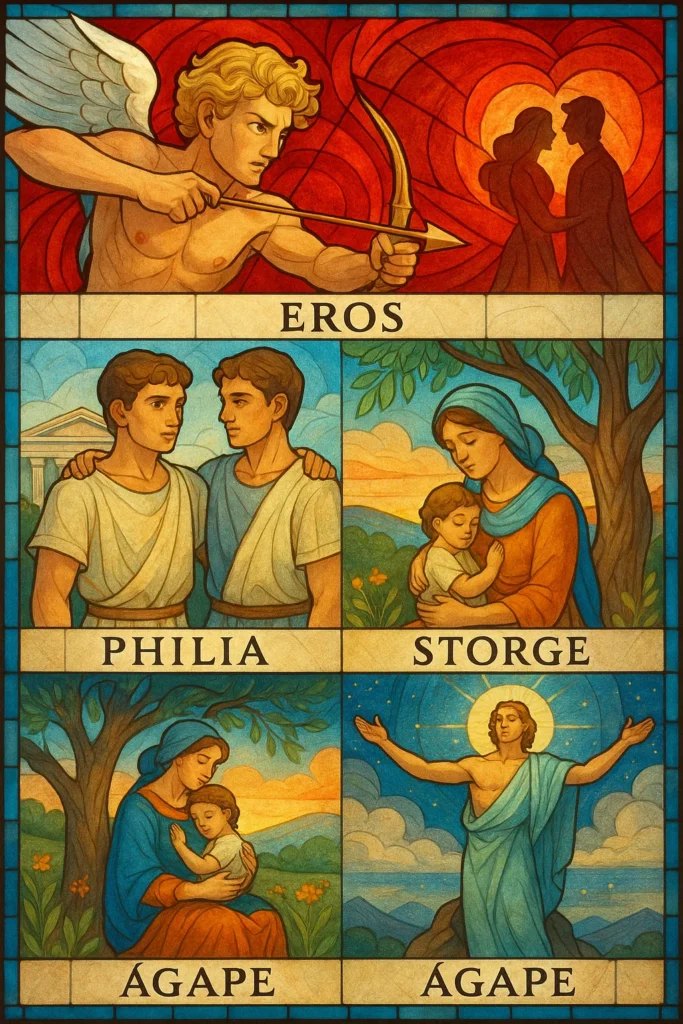 As Faces do Amor na Mitologia Grega: O Que Eros, Ágape e Philia 1 Ilustração dos quatro tipos de amor segundo a mitologia grega