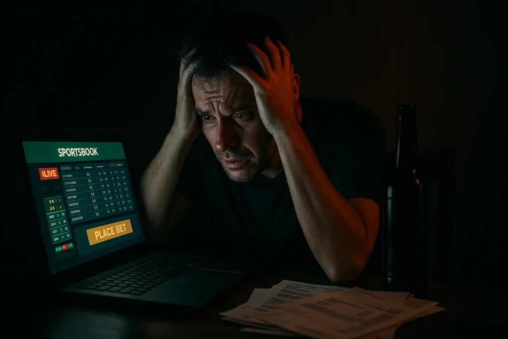 Homem sozinho e desesperado diante de tela de computador com apostas