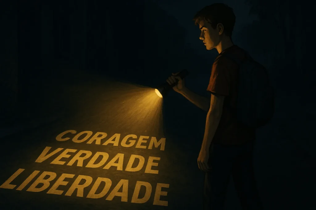 Jovem com uma lanterna acesa em meio à escuridão, simbolizando esperança