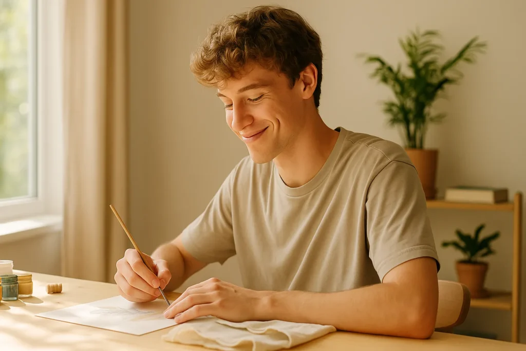 DIY (Do It Yourself) / faça você mesmo (em estilo de vida) 5 Jovem criando algo sozinho, com expressão de realização