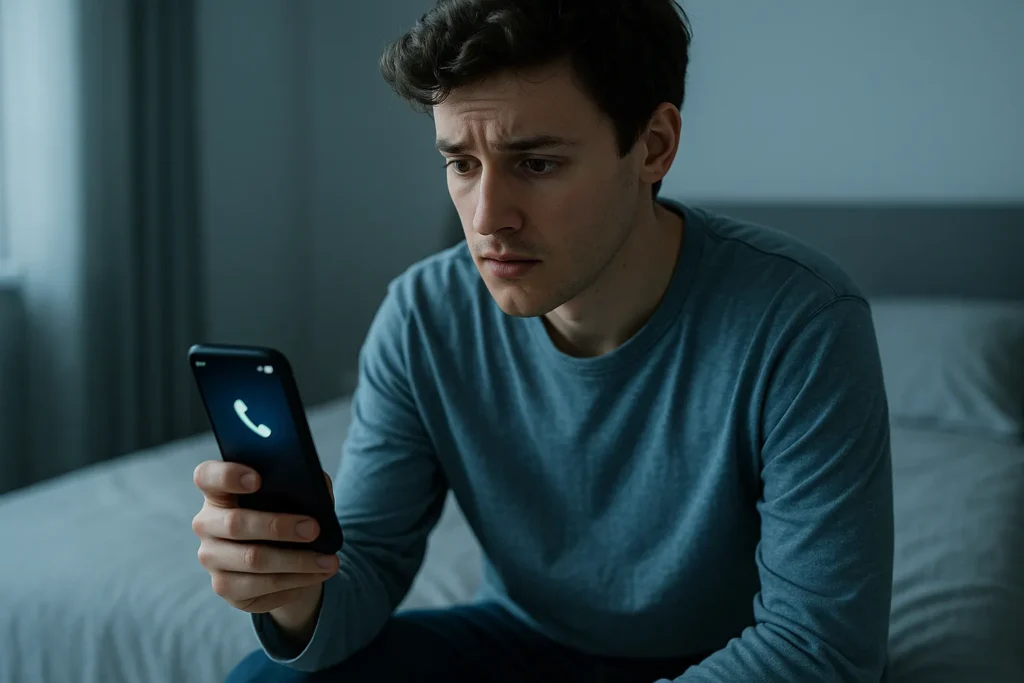 Jovem encarando o celular tocando com expressão de hesitação e ansiedade. Por que não atendemos mais o celular?