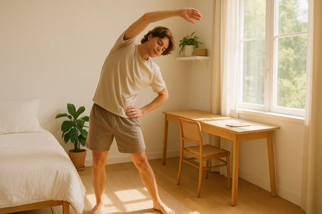 DIY (Do It Yourself) / faça você mesmo (em estilo de vida) 4 Jovem fazendo alongamento matinal no quarto