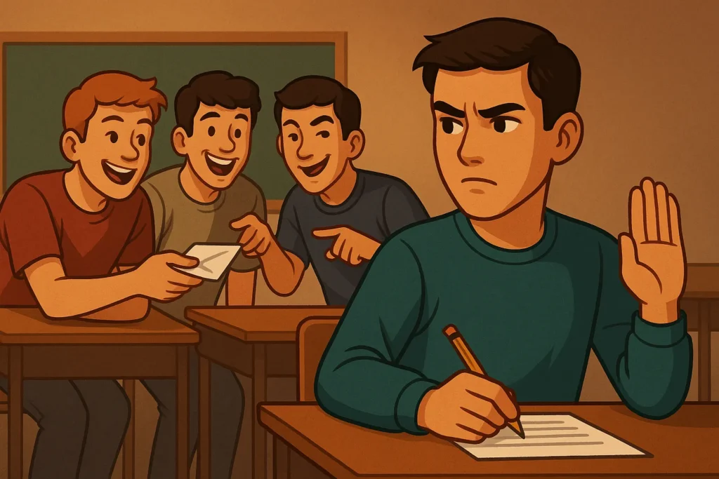 Jovem se recusando a seguir um grupo que comete atos errados