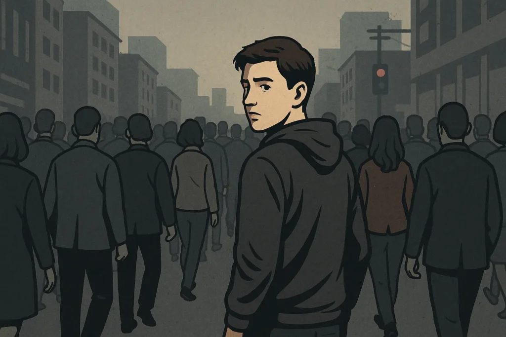 Multidão seguindo o mesmo caminho, representando o efeito manada