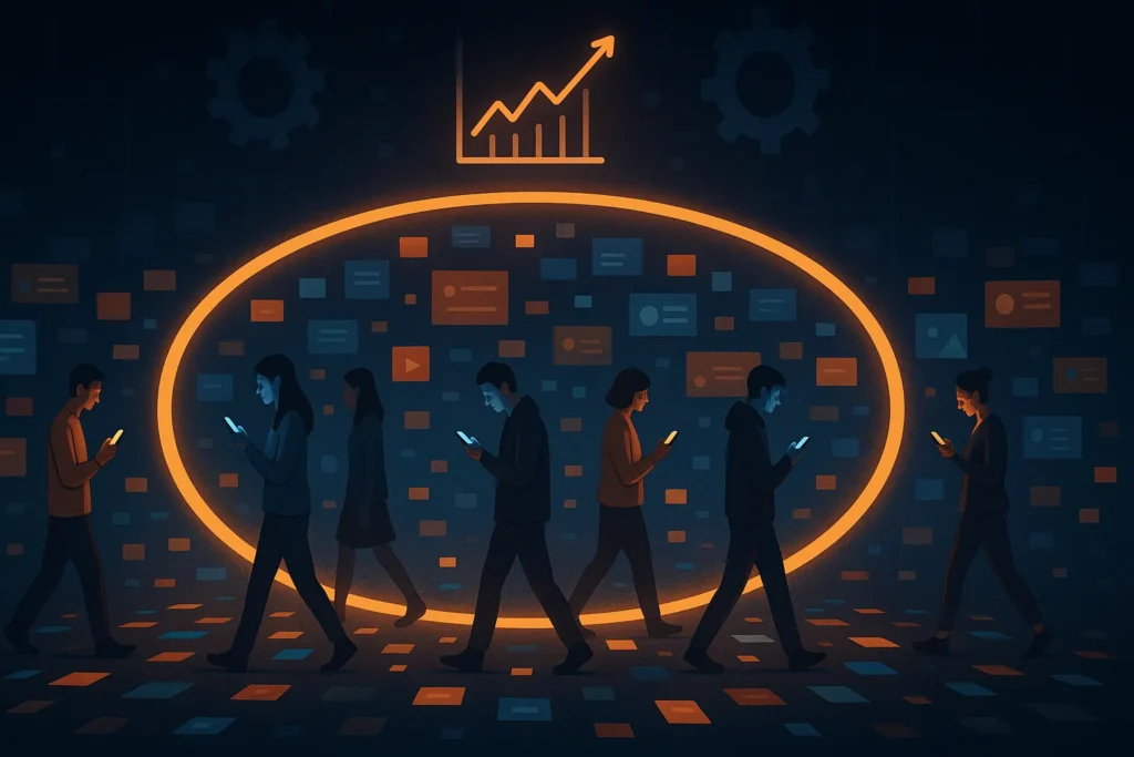 Silhuetas de pessoas presas em um loop de rolagem infinita cercadas por telas com recomendações de algoritmos