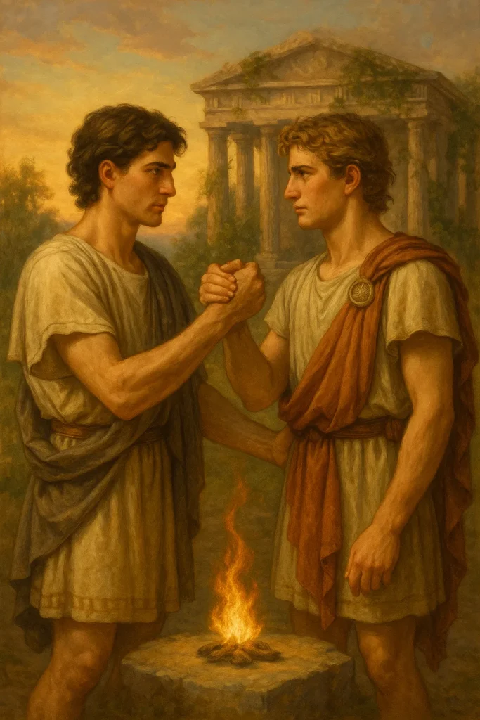 As Faces do Amor na Mitologia Grega: O Que Eros, Ágape e Philia 3 Orestes e Pílades jurando lealdade em frente a um templo