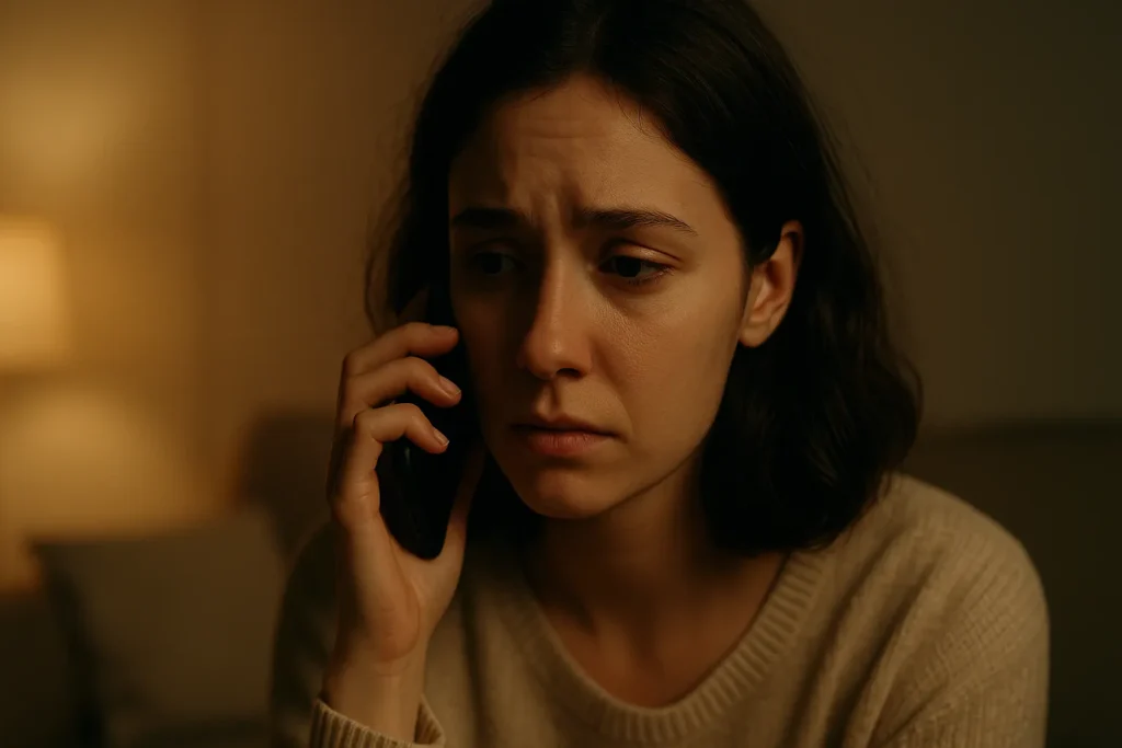 Pessoa falando ao telefone com expressão vulnerável, mostrando emoção pela voz