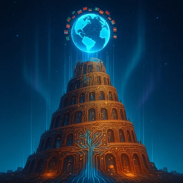 Representacao moderna da Torre de Babel com inteligencia artificial